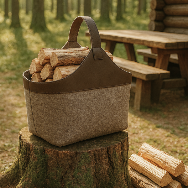Kaminholztasche aus Filz im Wald auf einem Baumstumpf