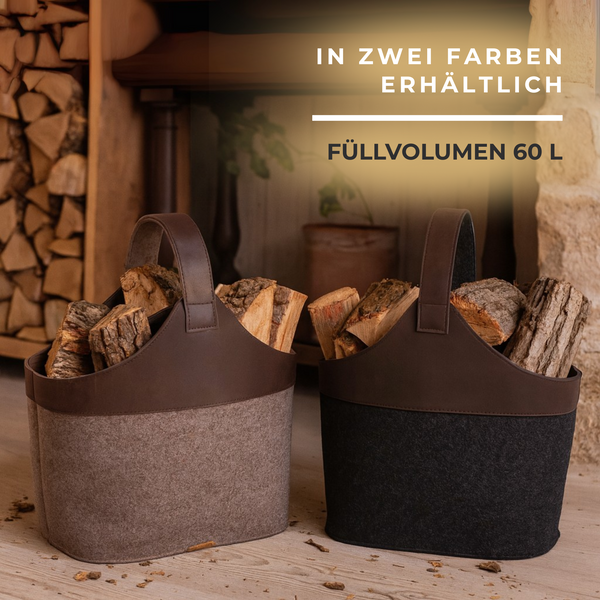 Kaminkorb mit Holzscheite in braun und anthrazit vor Holzhaufen