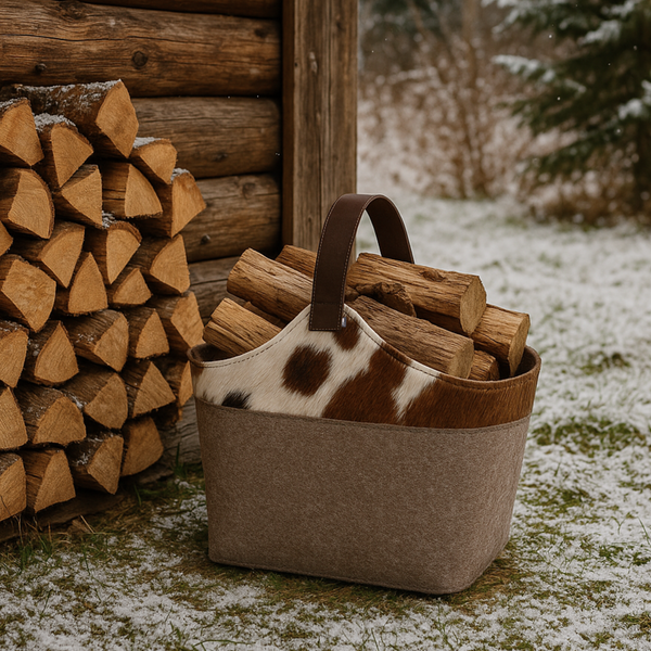 Holzkorb für Kamin aus upcycling Filz gefüllt mit Holzscheite im Garten