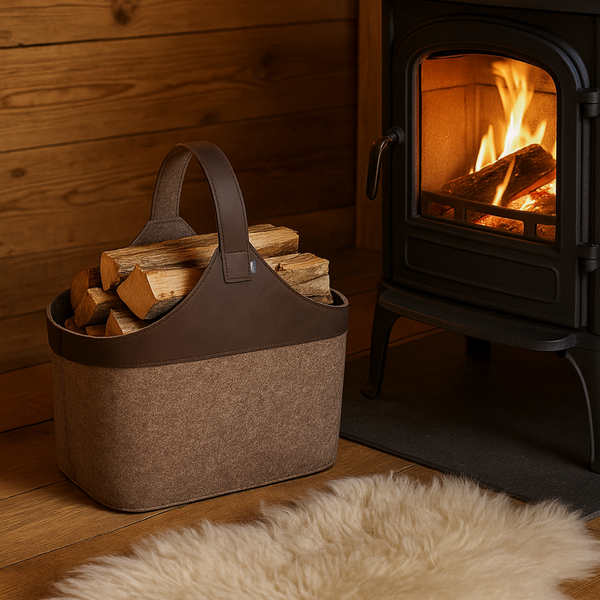 Brennholzkorb braun aus upcycling Filz vor einem schwarzen Kamin