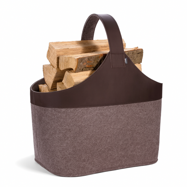 Holzkorb aus Filz in braun mit echtem Leder gefüllt mit Holzscheite