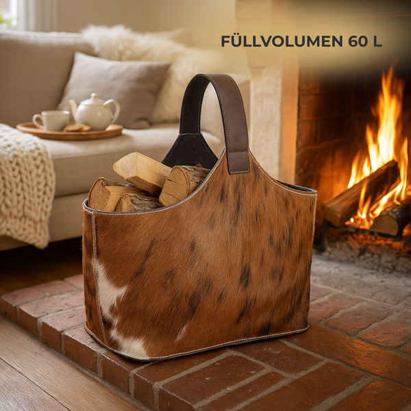 Filztasche für Holz gefüllt mit Holzscheite vor einem brennenden Kamin im Haus