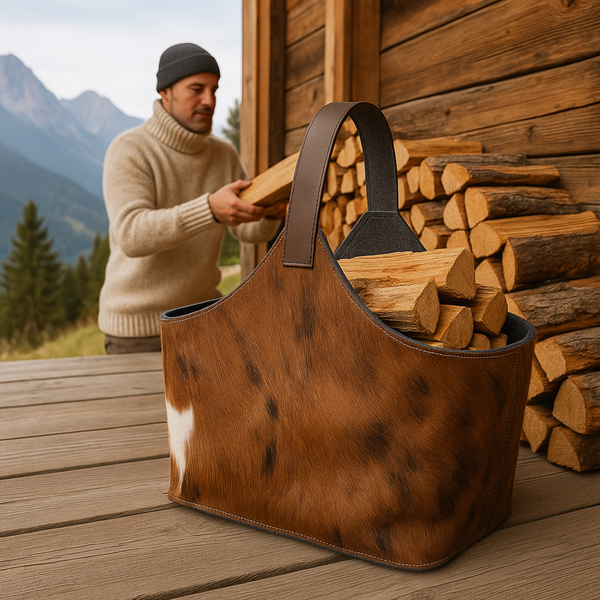 Kaminholztasche aus upcycling Filz und Kuhfell auf einer Terrasse vor einer Berghütte