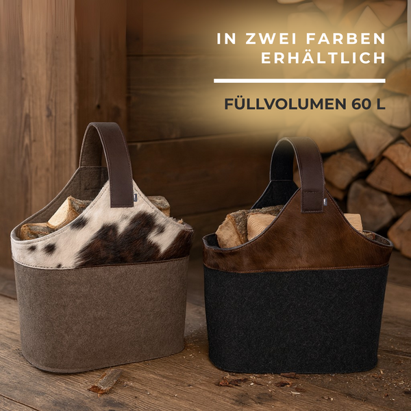Holzkorb für Kaminholz in zwei Farben und echten Lederhenkel vor Holzhaufen