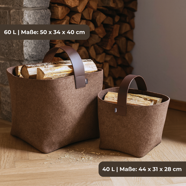 Kaminholztaschen mit Echtledergirffen und upcycling Filz in 60 L und 40 L
