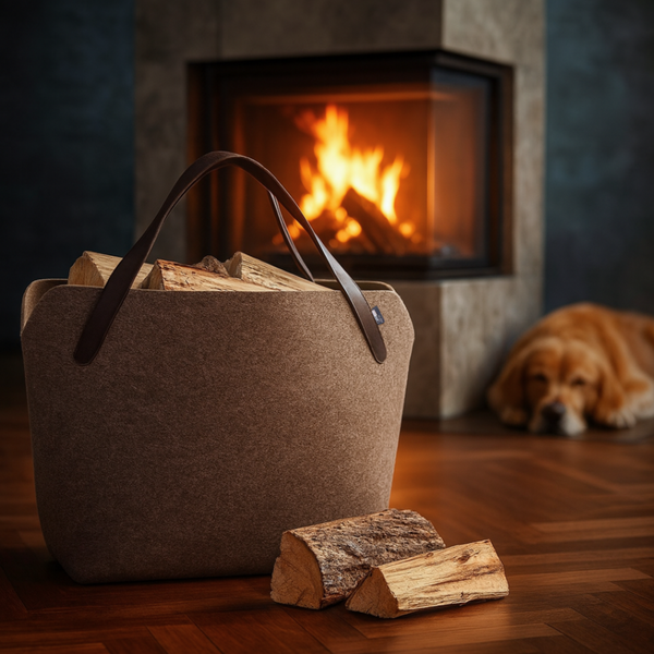 Filztasche für Kaminholz gefüllt mit Brennholz vor Kamin