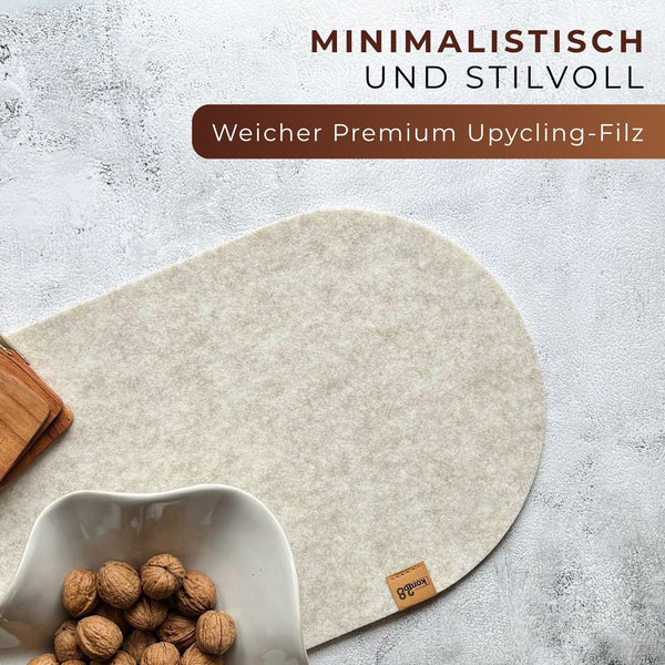 Beiger Tischläufer aus Filz nachhaltig Made in Germany mit Rundung auf einem Untergrund