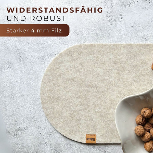 Beiger Tischläufer aus Filz nachhaltig Made in Germany mit Rundung an einer Seite wiederstandsfähig und robust