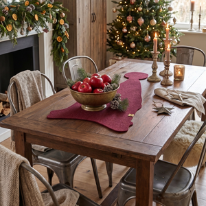 Weihnachtlicher Filz Tischläufer auf Holztisch mit Kerzen, Tannengrün und roter Festtagsdeko
