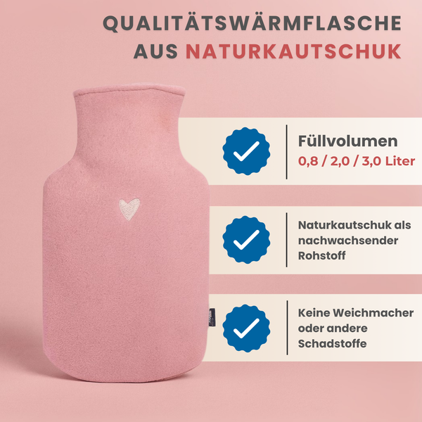 Wärmflasche klein aus nachhaltigen Fleece mit weißem Herzstick