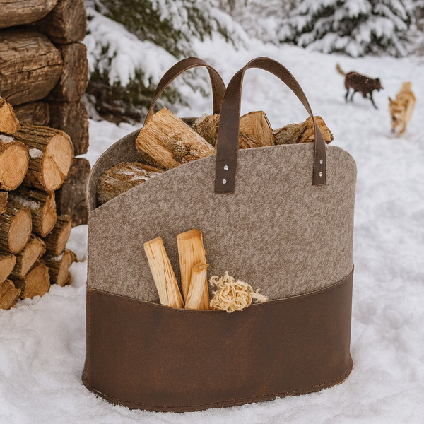 Holzkorb für Kamin mit Ledertaschen und brauen Filz gefüllt mit Brennholz und Anzündholz