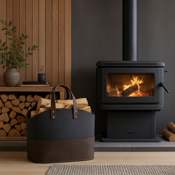 Holzkorb Kaminholz in einem Wohnzimmer vor einem schwarzen Holzofen