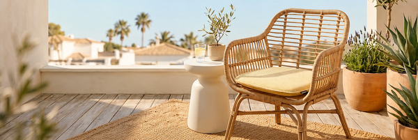 Rattan-Loungesessel mit gelbem Sitzkissen aus Filz auf einer sonnigen mediterranen Terrasse mit Pflanzen und Beistelltisch.