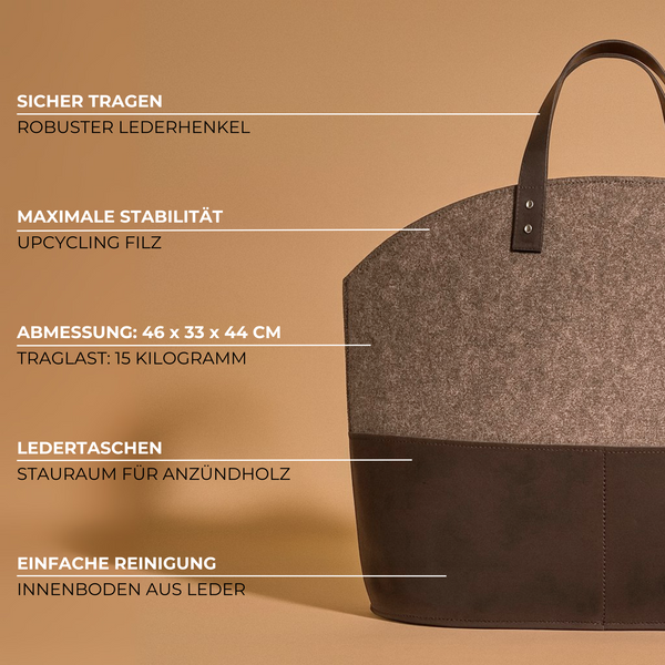 Holzkorb für Kaminholz mit Lederhenkel und Ledertaschen