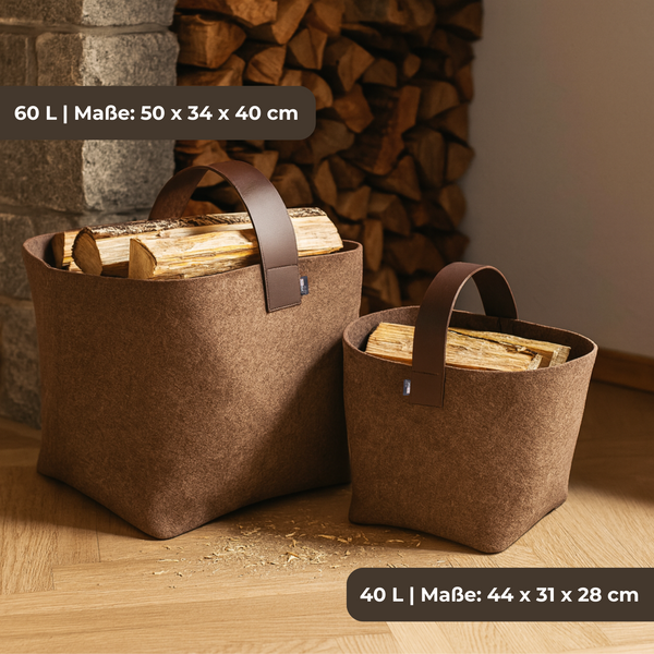 Kaminholztaschen mit Echtledergirffen und upcycling Filz in 60 L und 40 L