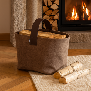 Filztasche in braun für Kaminholz gefüllt mit Brennholz vor Kamin