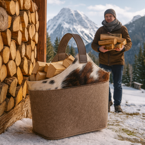 Kaminholztasche in braun gefüllt mit Holzscheite auf einem Berg