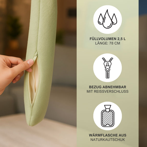 Wärmeschlauch grün mit Reißverschluss und Bezug aus nachhaltigen baumwolle fleece
