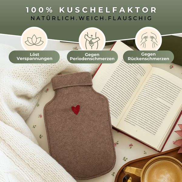 wärmflasche kaufen aus filz in braun mit motiv herz, spendet lange wärme