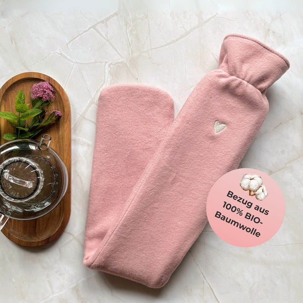 Schlauch Wärmflasche rosa und fleece aus baumwolle, extra kuschelig und weich