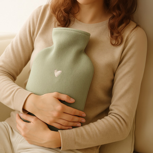 Kuschelige Wärmflasche mit Bezug aus Baumwolle-Fleece gehalten von Frau