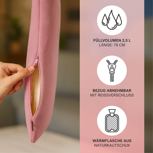 Wärmflasche lang mit bezug aus fleece, nachhaltig flexibel und tüv-geprüft